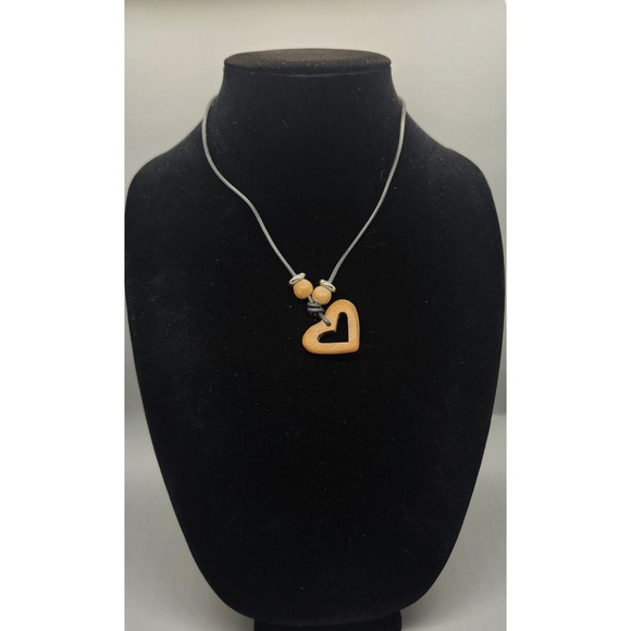Jewelry - Wooden Heart Pendant Necklace Black Leather Cord Bohemian Casual Style